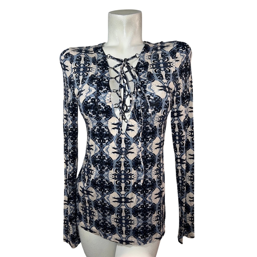 Free People Blue Cream Geometric Lace Up Grommet Long Sleeve Top Womens Medium